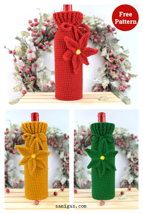 Poinsettia Wine Bottle Cozy Free Crochet Pattern