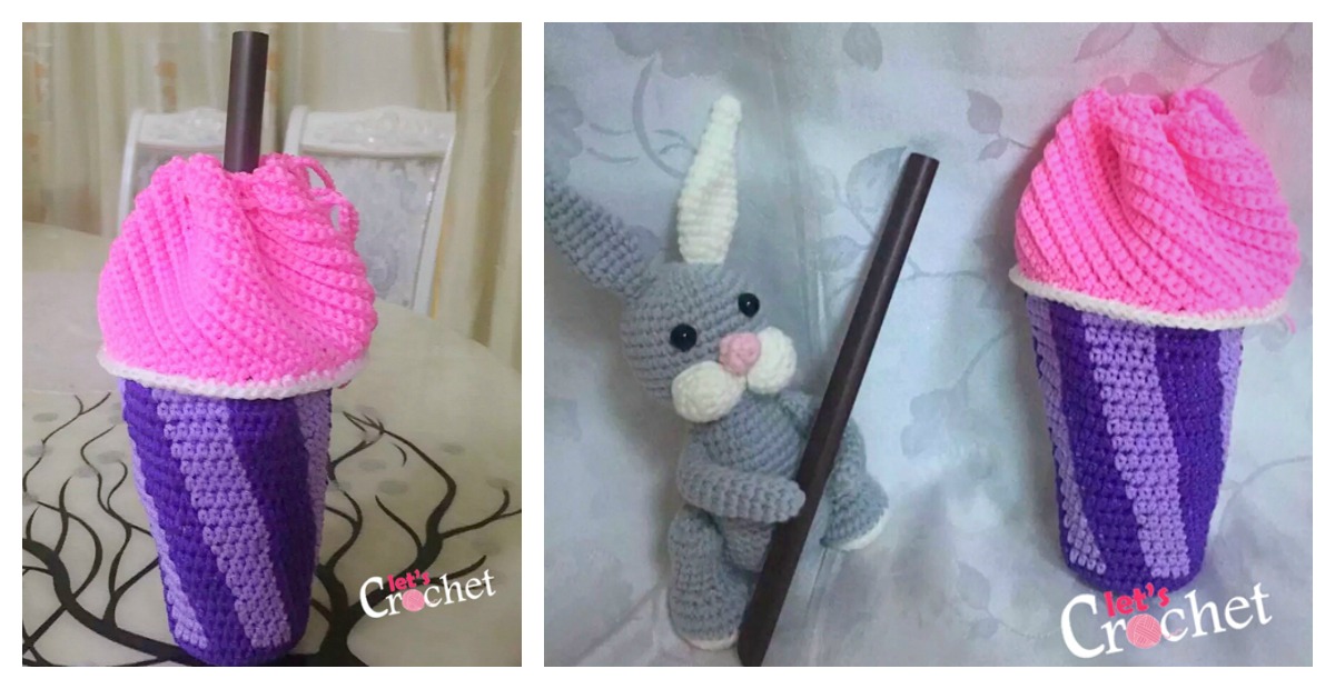 Slushee Cup Drawstring Bag Free Crochet Pattern