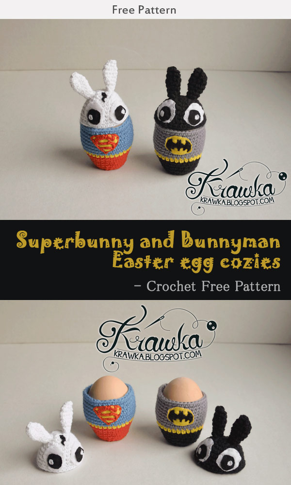 Superbunny and Bunnyman Easter egg cozies - Crochet Free Pattern
