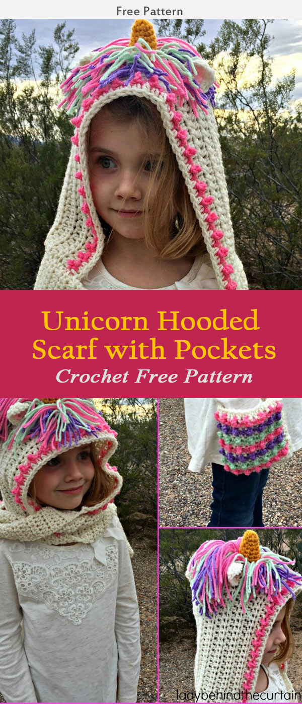 Unicorn Hooded Scarf with Pockets Crochet Free Pattern