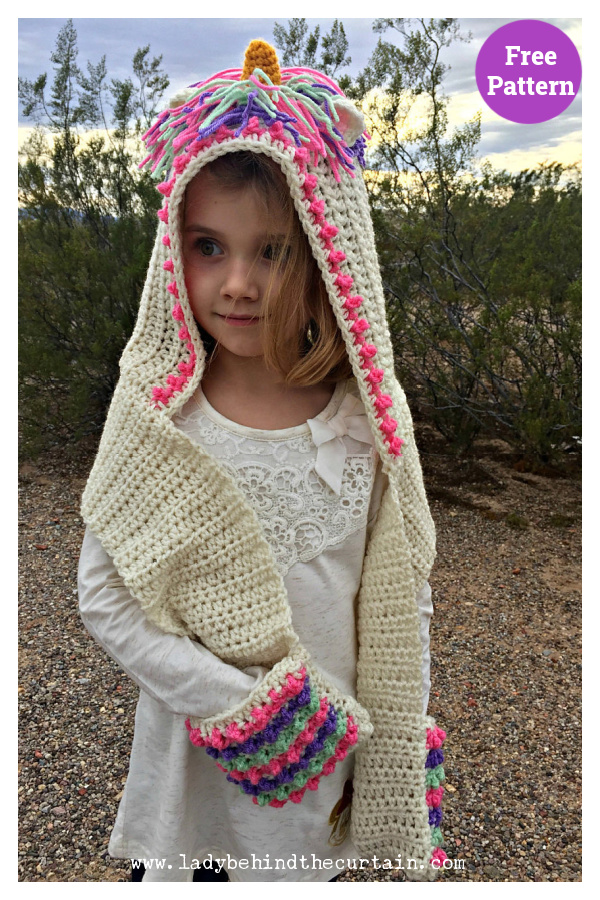 Unicorn Hooded Scarf with Pockets Crochet Free Pattern 