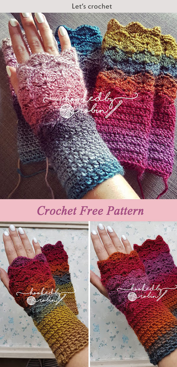 Crochet Fantail Shell Stitch Fingerless Gloves Free pattern