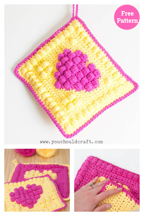 Bobble Heart Potholder Crochet Free Pattern