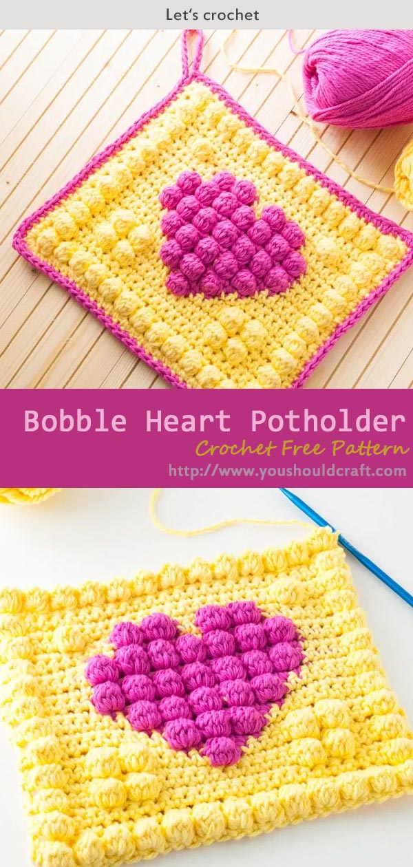 Bobble Heart Potholder Crochet Free Pattern
