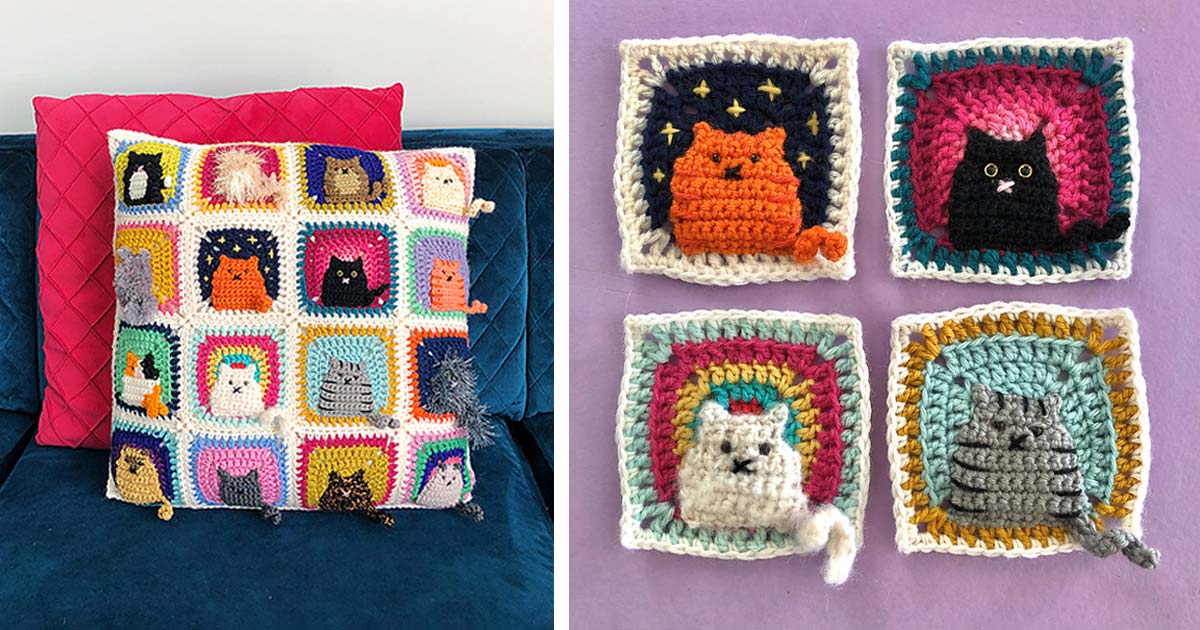 Many Cats Square Pillow Free Crochet Pattern