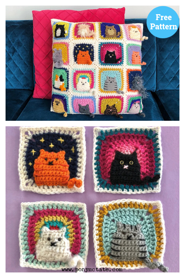 Many Cats Square Pillow Free Crochet Pattern 