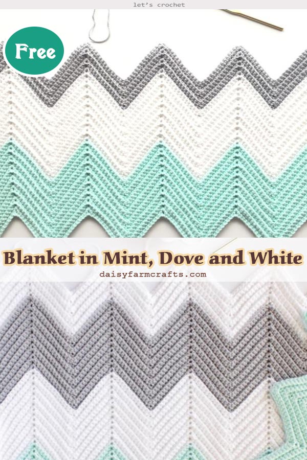  Crochet Chevron Blanket in Mint, Dove and White Free Pattern