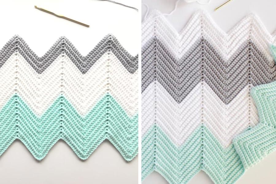 Crochet Chevron Blanket in Mint, Dove and White Free Pattern