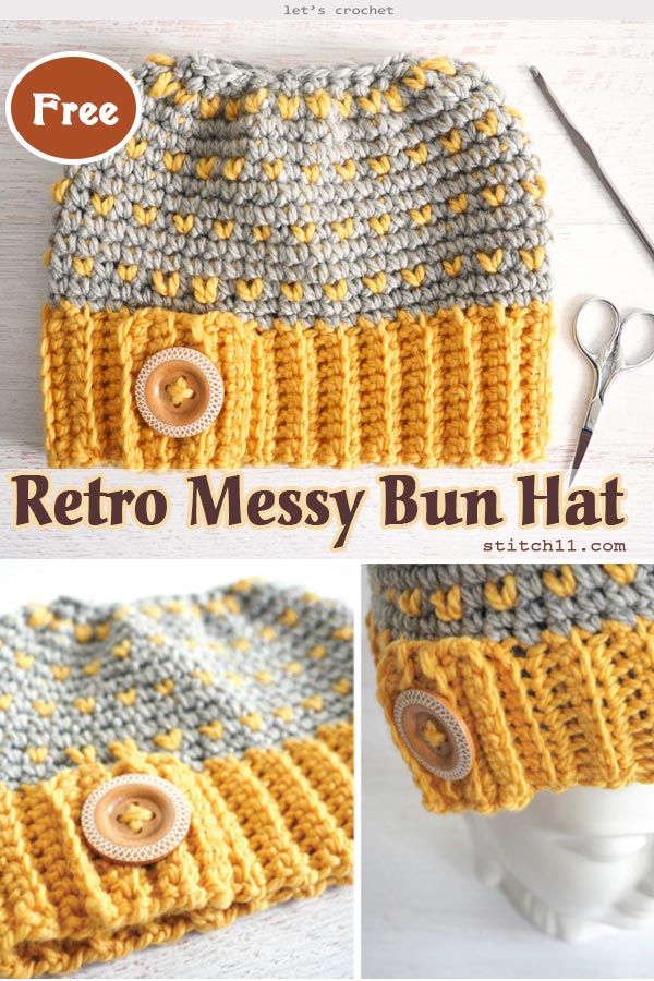 Retro Messy Bun Hat Crochet Free Pattern