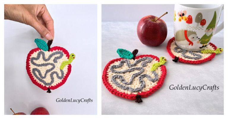 Apple With Worm Coaster Free Crochet Pattern