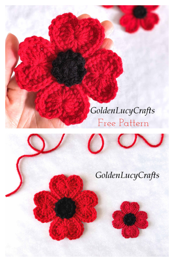 Heart Poppy Flower Applique Free Crochet Pattern