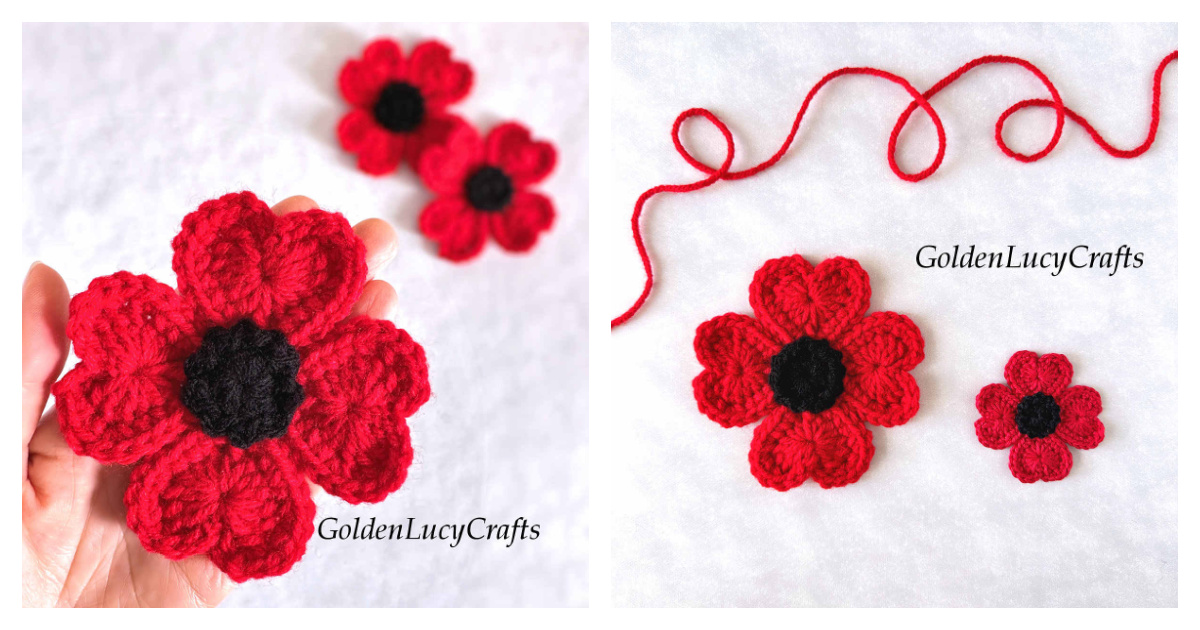 Heart Poppy Flower Applique Free Crochet Pattern