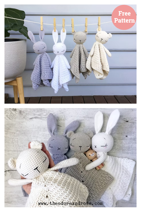 Sleepy Baby Bear and Bunny Lovey Blanket Free Crochet Pattern